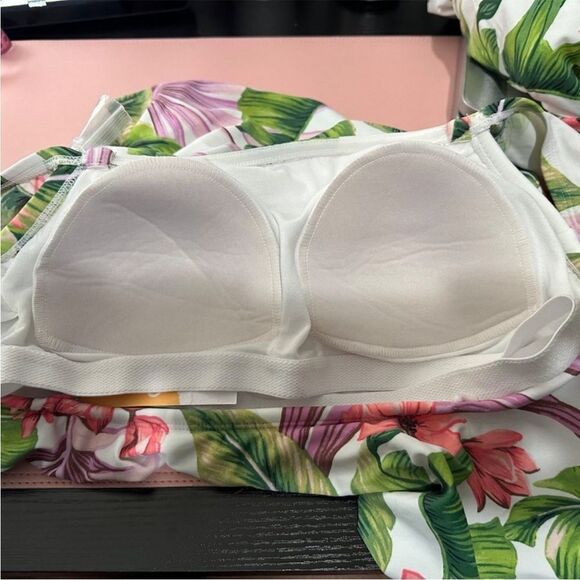 Kona Sol Off Shoulder Flounce One Piece Swimsuit Tropical Floral - Picture 4 of 5